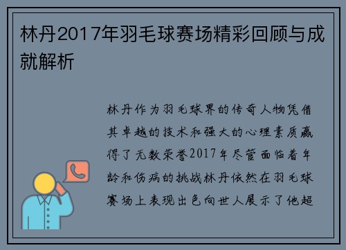 林丹2017年羽毛球赛场精彩回顾与成就解析