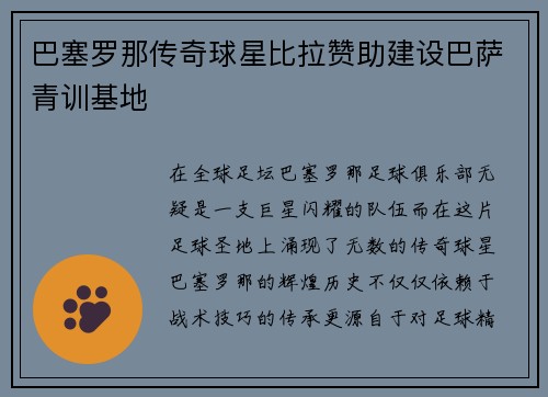 巴塞罗那传奇球星比拉赞助建设巴萨青训基地